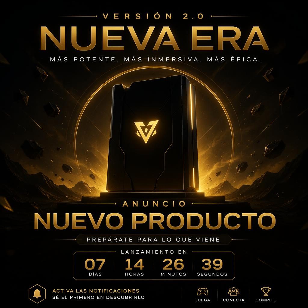 Póster de lanzamiento 2.0 con fondo oscuro, paleta negro y dorado, silueta de producto central y diseño dramático