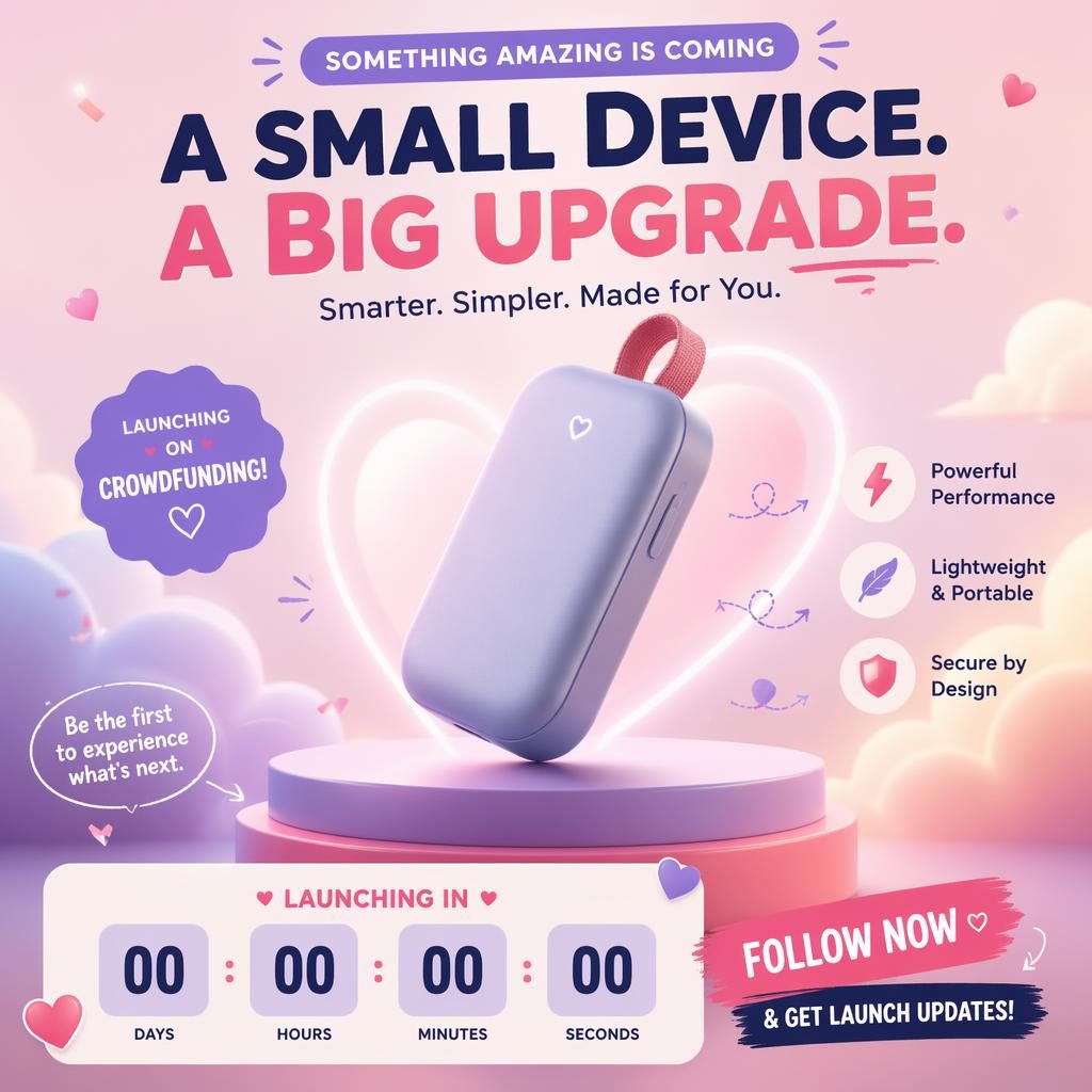 Playful pastel poster showing a hardware gadget silhouette with abstract shapes and a launch countdown placeholder.