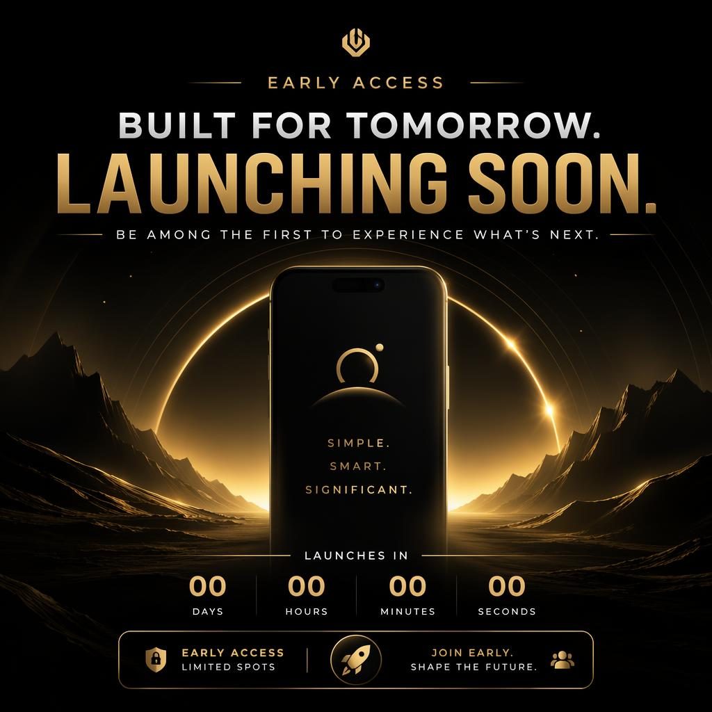 Dramatic dark product launch poster with a black and gold palette, abstract hero silhouette, and countdown layout.