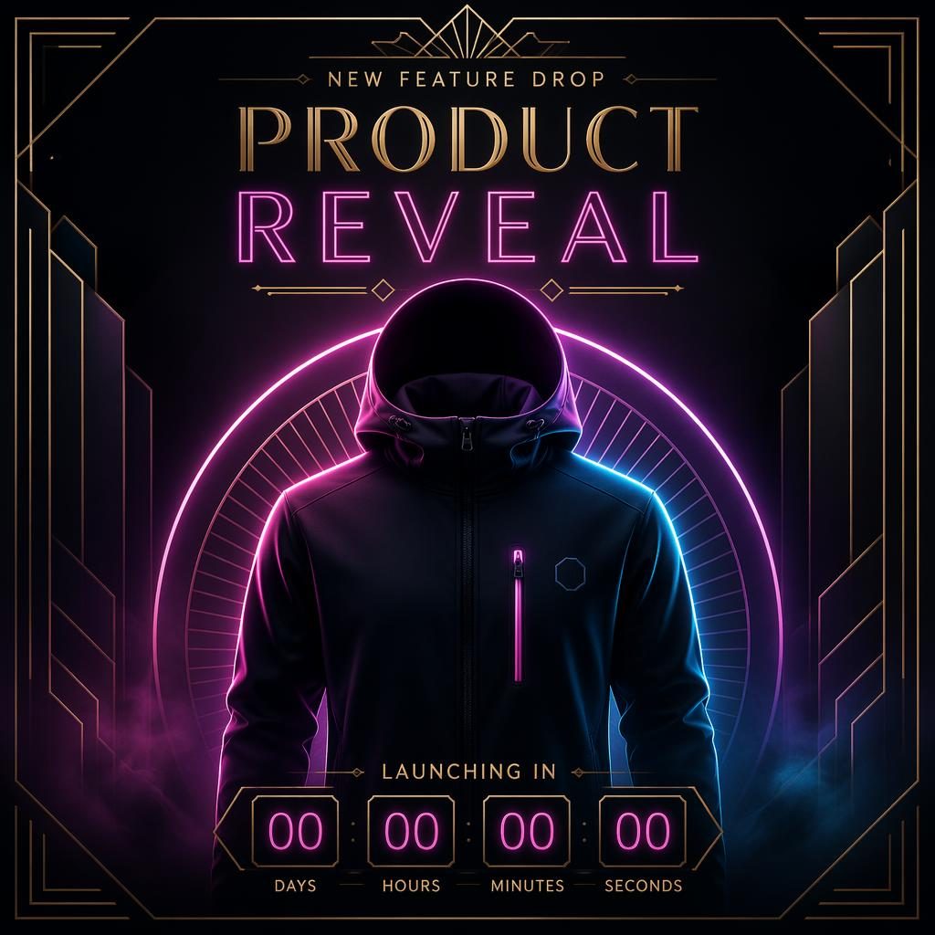 Art deco fashion launch poster in dark neon tones with a glowing apparel silhouette, bold headline area, and countdown placeholder.
