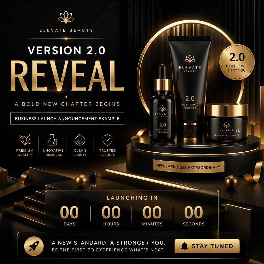 Isometric 3D beauty product launch poster in black and gold with luxury cosmetic silhouette and countdown layout