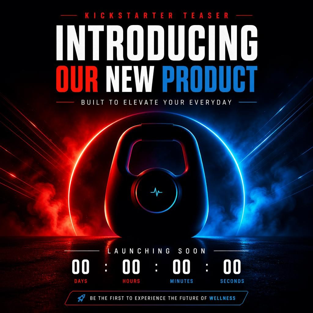 Dramatic dark wellness product launch poster with a vibrant silhouette, abstract glow, and countdown-style layout