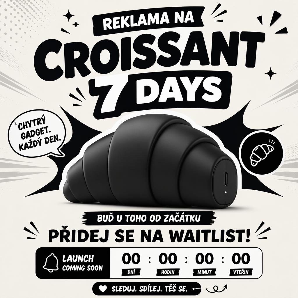 Minimalistický monochromatický launch poster s abstraktní siluetou gadgetu, odpočtem a hravým pop stylem.
