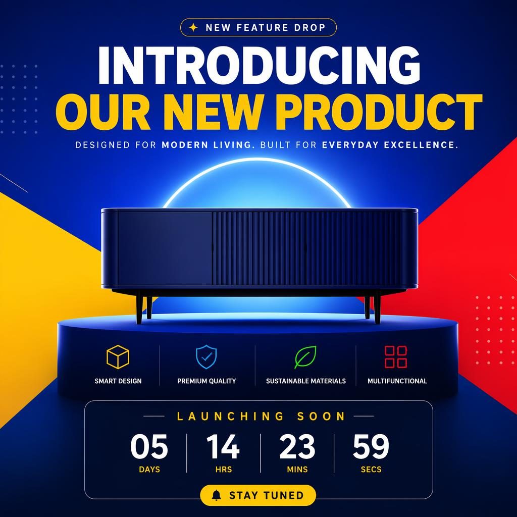 Modern tech-style product launch poster with a sleek furniture silhouette, vibrant primary colors, abstract lighting, and countdown layout