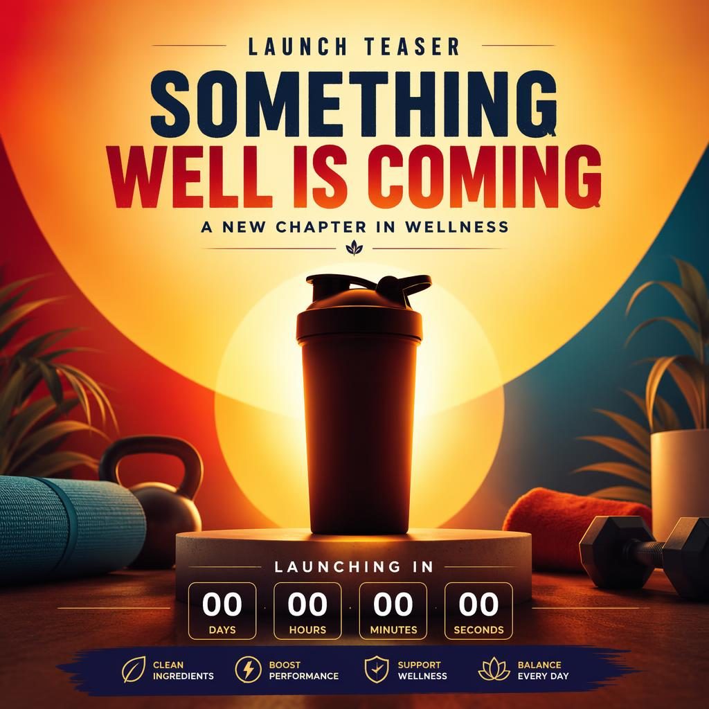 Warm boutique wellness poster with a vibrant primary palette, centered product silhouette, abstract shapes, and countdown space.