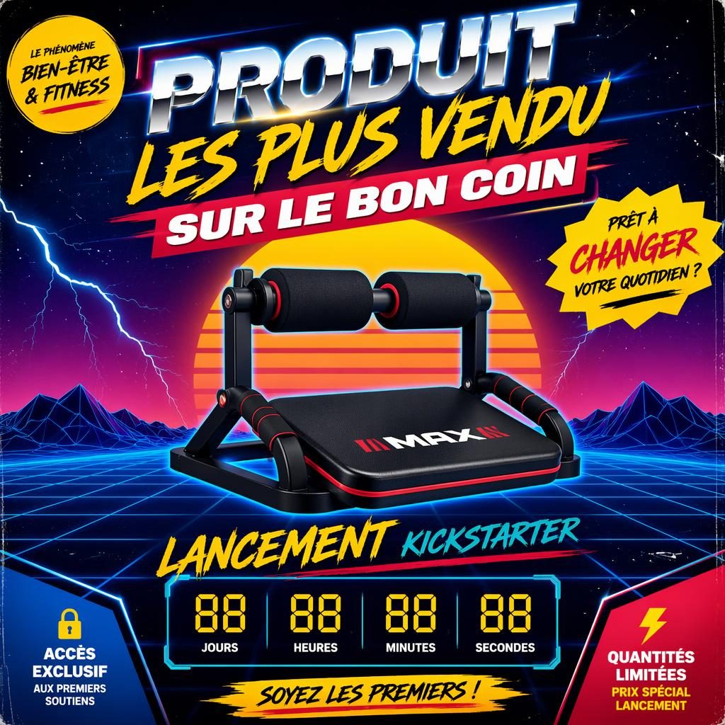 Affiche teaser rétro années 80 avec silhouette de produit fitness bien-être, couleurs primaires vives et mise en page lancement