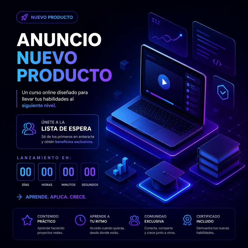 Póster isométrico 3D con silueta de producto digital, fondo oscuro con degradado tech y espacio para cuenta regresiva