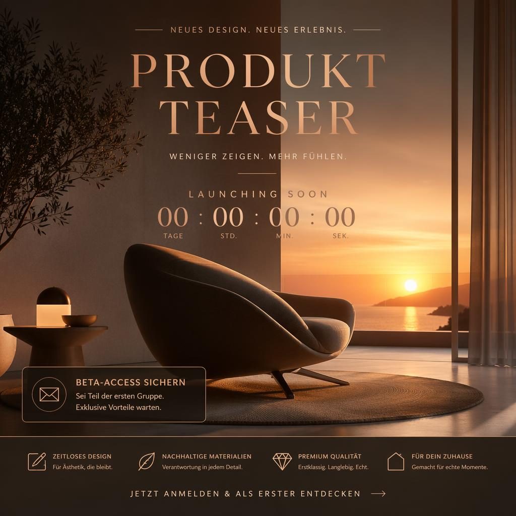 Elegantes Produktlaunch-Poster mit abstrakter Möbelsilhouette, warmem Sunset-Farbverlauf und Countdown-Platzhalter