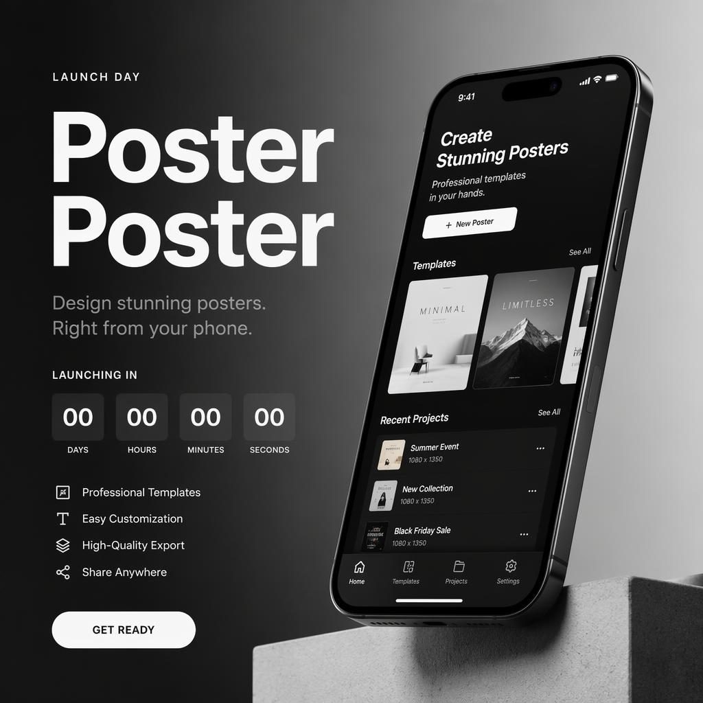 Póster fotorrealista de lanzamiento con smartphone, interfaz de la app Poster Poster y cuenta atrás en monocromo.