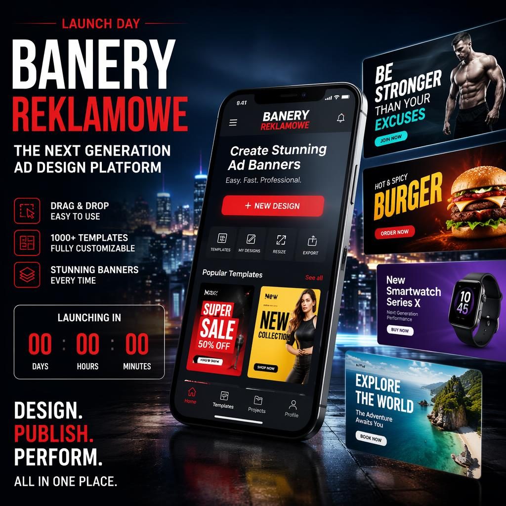 Smartfon i unoszące się makiety billboardów cyfrowych na plakacie premiery aplikacji z odliczaniem i mocną typografią