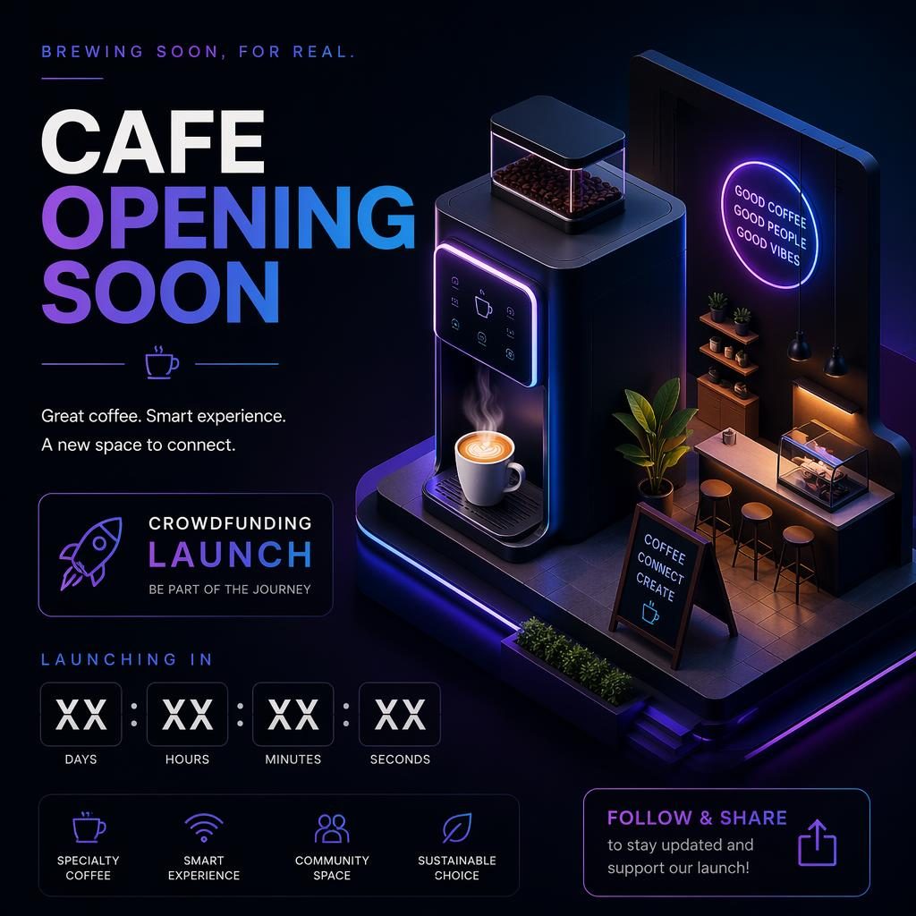 Isometric 3D launch poster with a dark tech gradient, abstract hardware gadget silhouette, countdown layout, and bold promo styling.