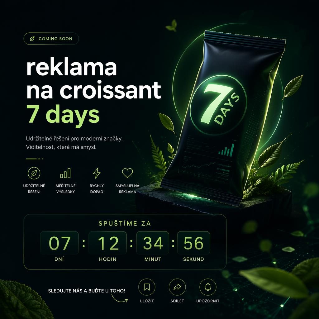 Tmavý neonový teaser plakát s abstraktní siluetou croissantu, jemnými zelenými akcenty a místem pro odpočet.