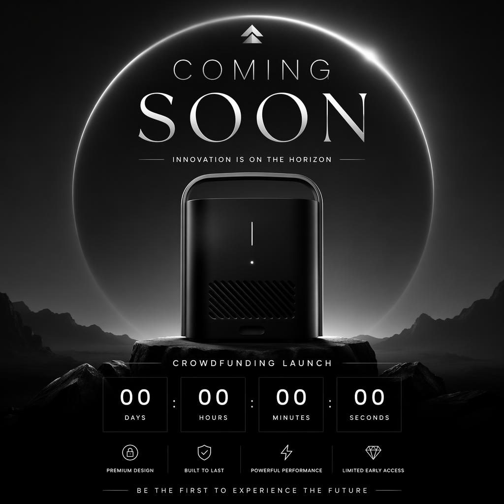 Minimal monochrome product launch poster with a sleek hardware gadget silhouette, elegant lighting, and countdown placeholder.