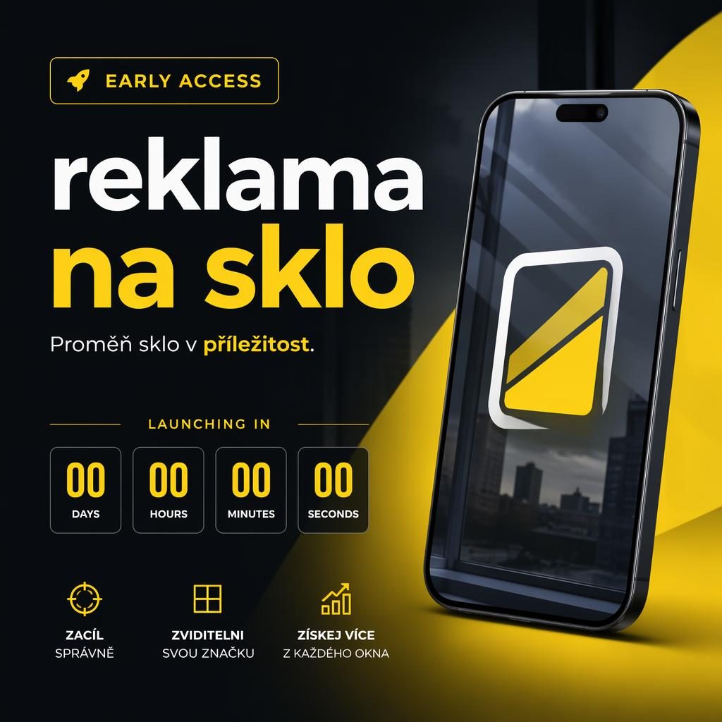 Minimalistický launch poster s tmavou siluetou produktu, výrazným kontrastem a místem pro odpočet do early access.