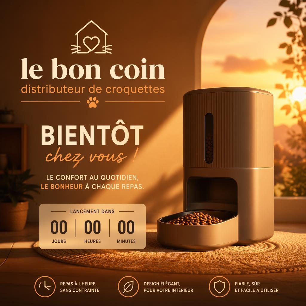 Affiche teaser chaleureuse avec silhouette de distributeur de croquettes, palette coucher de soleil et mise en scène boutique.