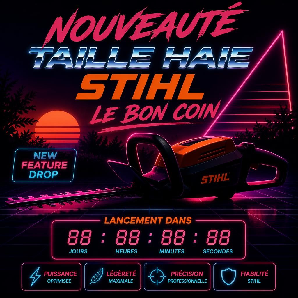 Affiche de lancement style années 1980 en néons sombres, avec silhouette de taille-haie, mise en scène futuriste et visuel impactant.