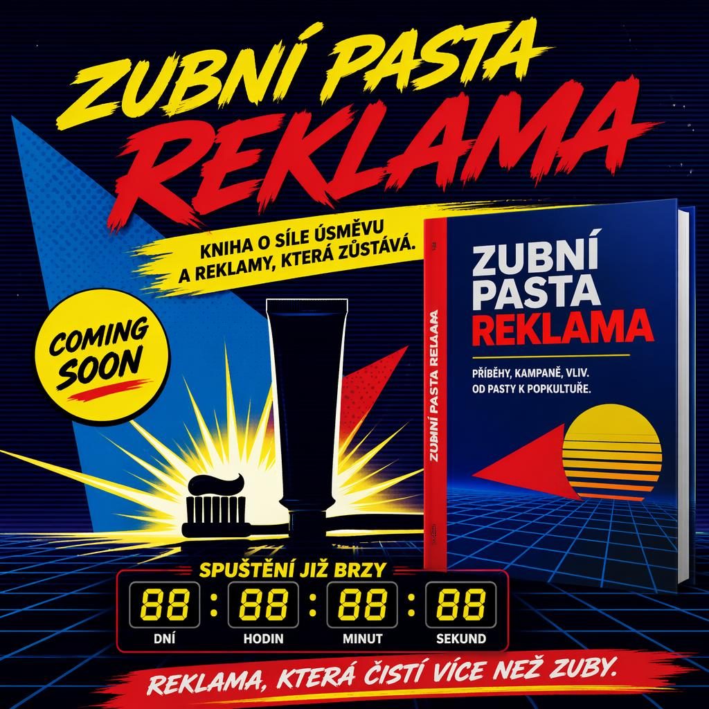 Retro poster v estetice 80. let s barevnou siluetou zubní pasty, výraznou kompozicí a místem pro odpočet launch data.