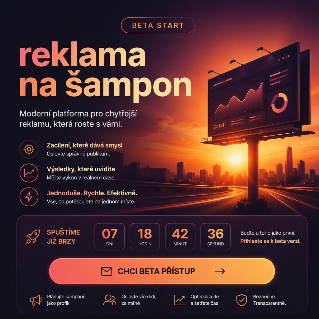 Moderní AI launch poster s abstraktní siluetou produktu, teplou paletou západu slunce a odpočtem do spuštění beta sign-up.