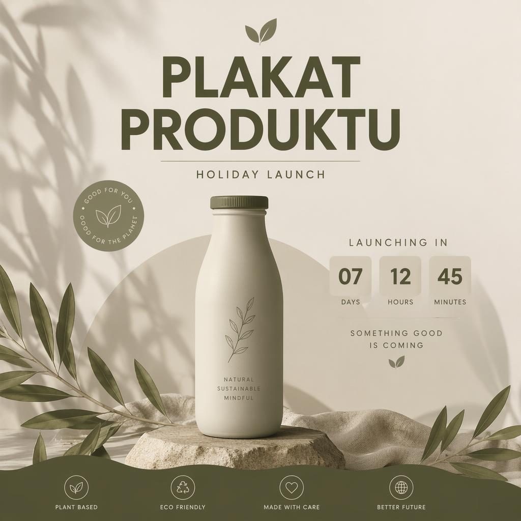 Minimalistický sváteční plakat produktu s jemnou siluetou nápoje či potraviny, monochromatickou paletou a odpočtem.