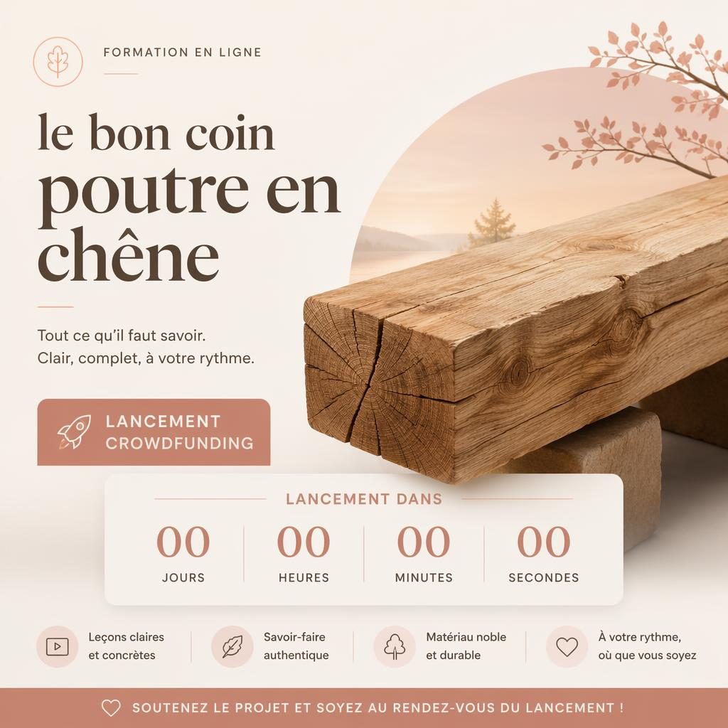Affiche minimaliste pastel pour le bon coin poutre en chene, silhouette produit, grand titre et compte à rebours.