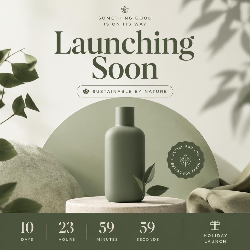 Minimal monochrome holiday launch poster with a soft sustainable product silhouette, abstract shapes, and countdown placeholder.