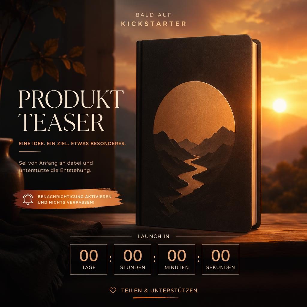 Warmes Launch-Poster mit Buch-Silhouette, Sonnenuntergangsfarben, Headline-Bereich und Countdown-Platzhalter