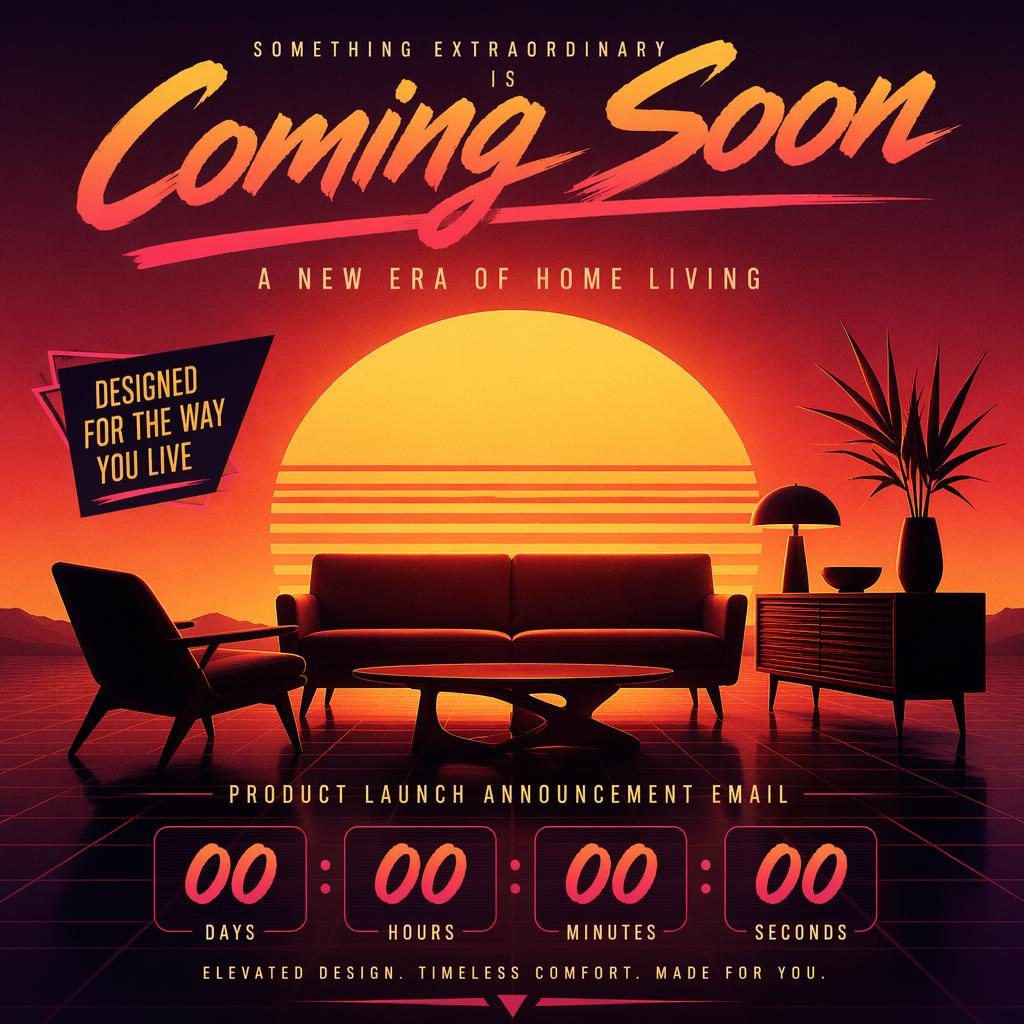 Retro 1980s-style poster showing a silhouetted furniture piece against a warm sunset gradient with abstract shapes and a countdown area.