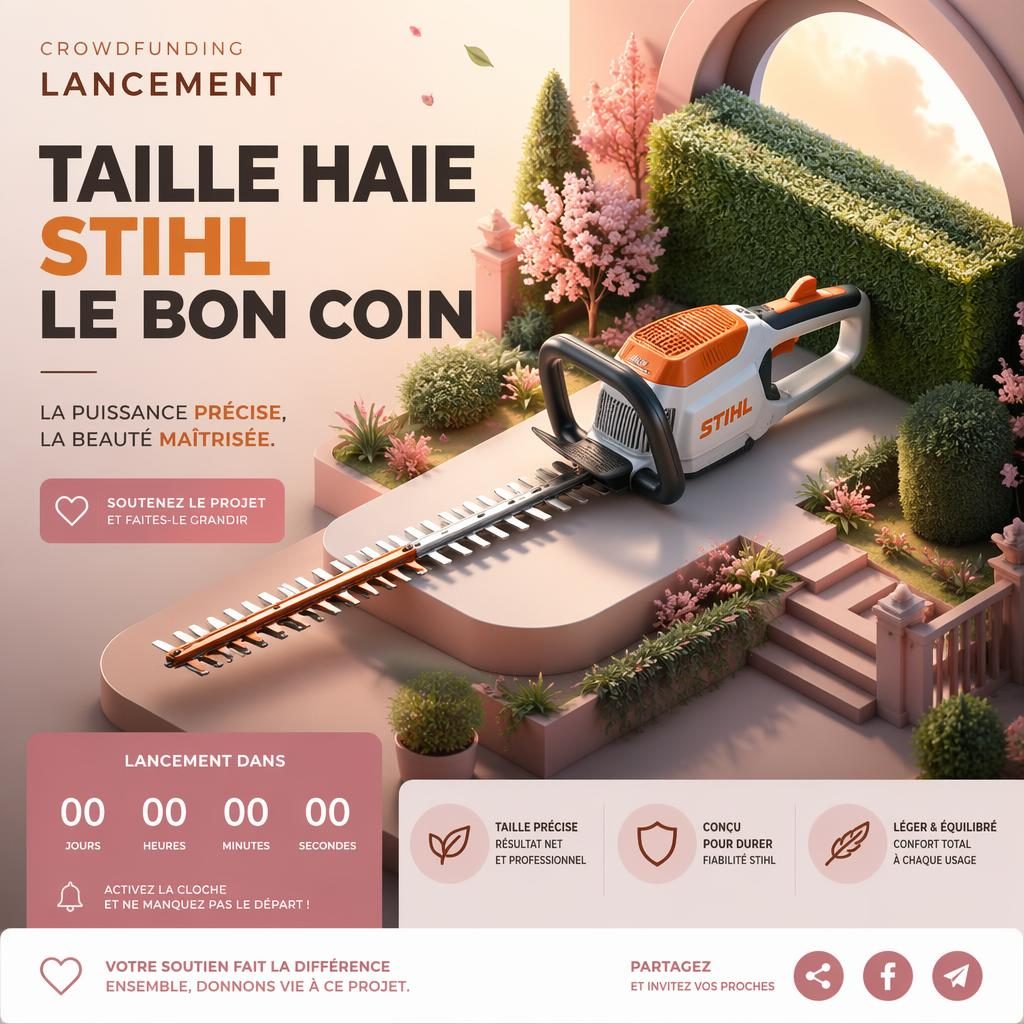 Affiche de lancement isométrique 3D d’un taille-haie de luxe, palette pastel romantique, scène de crowdfunding et compte à rebours.