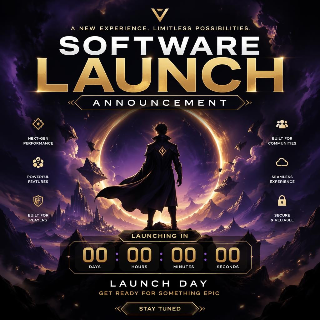 Luxury-style game launch poster with a dark product silhouette, bold high-contrast lighting, abstract stage glow, and countdown layout.