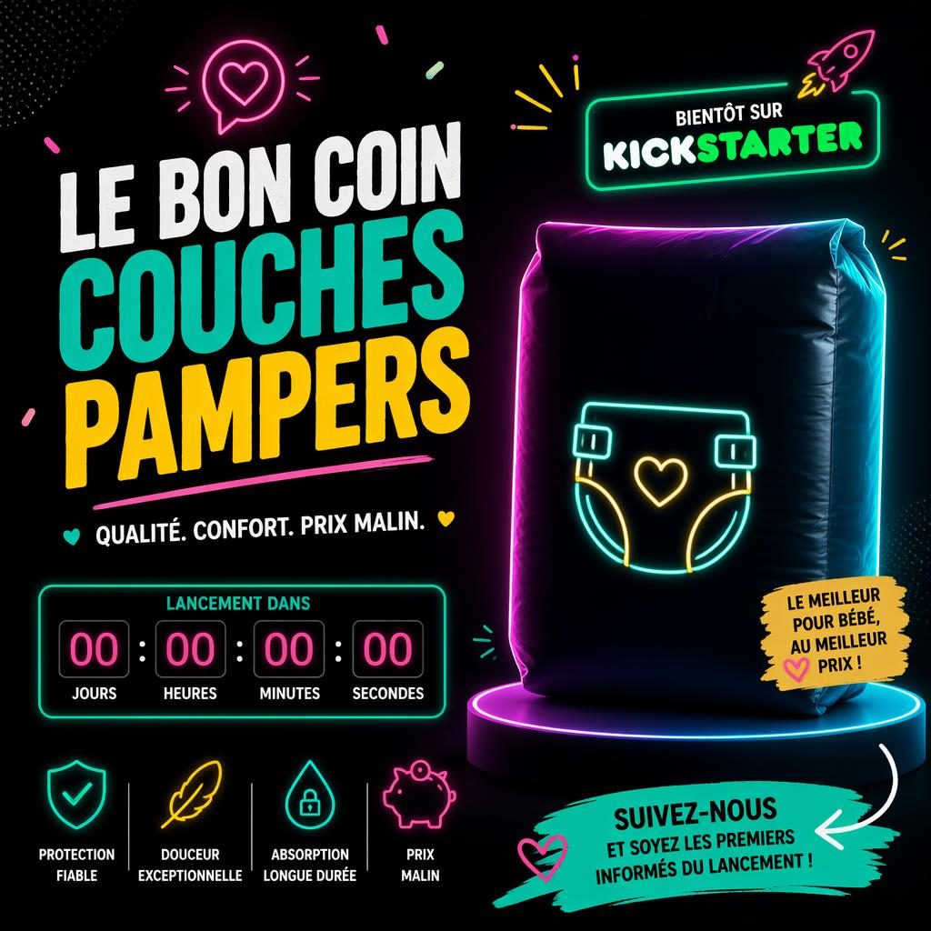 Affiche teaser en style pop néon sombre avec silhouette de produit, composition ludique et mise en page de lancement.
