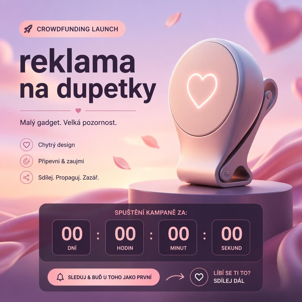 Moderní launch poster s pastelovou technologickou siluetou gadgetu, dramatickým nasvícením a místem pro odpočet data.