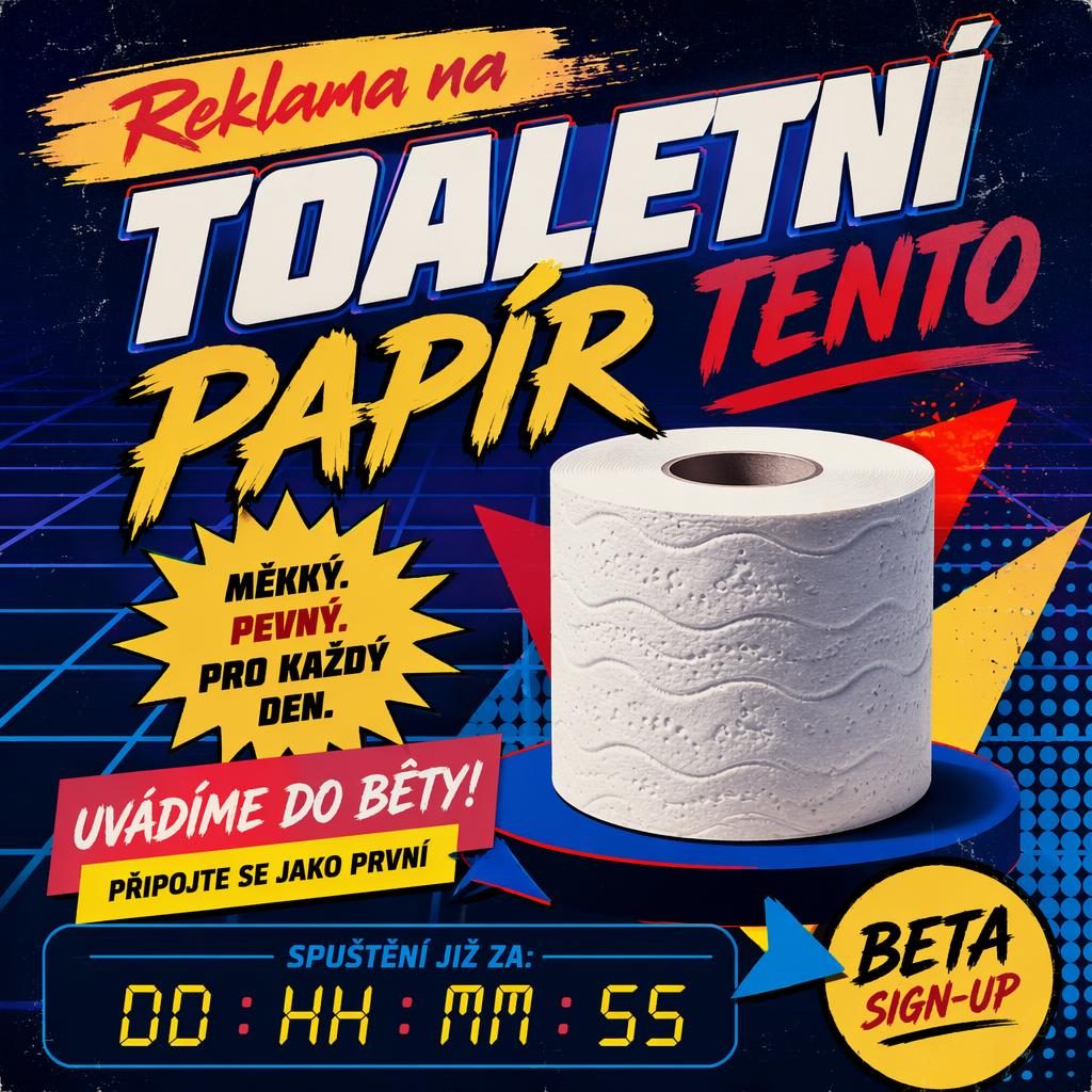 Retro plakát v duchu 80. let s abstraktní siluetou produktu, sytými primárními barvami a odpočtem spuštění.