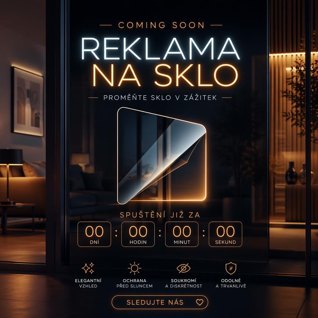 Teaser plakát produktu se siluetou skleněného prvku, tmavým neonovým pozadím a odpočtem do spuštění.