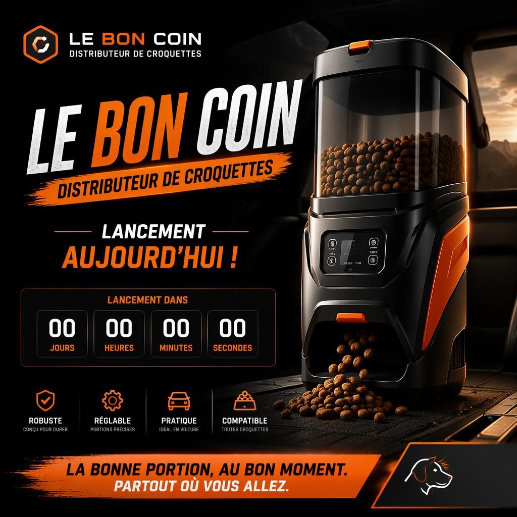 Affiche sombre et contrastée avec silhouette de distributeur de croquettes auto, visuel héros abstrait et compte à rebours