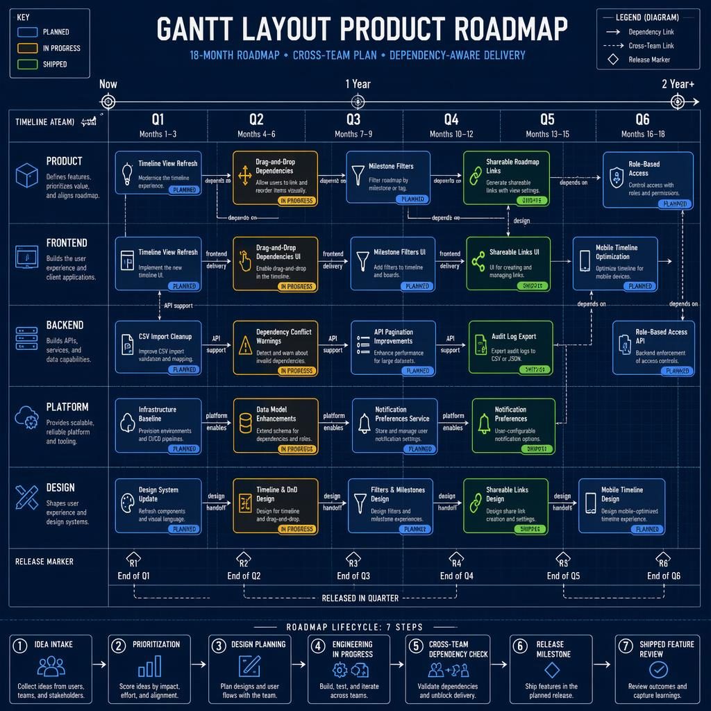 Blueprint-style gantt layout product roadmap with 18-month timeline, team swim lanes, feature cards, status pills, arrows, and legend.
