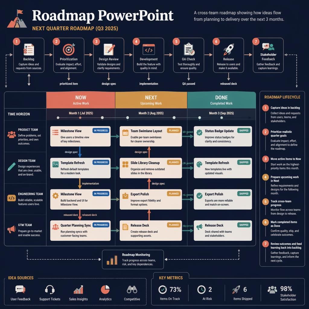 Vector roadmap powerpoint infographic with NOW, NEXT, DONE columns, team swim lanes, month timeline, flow arrows, and legend.