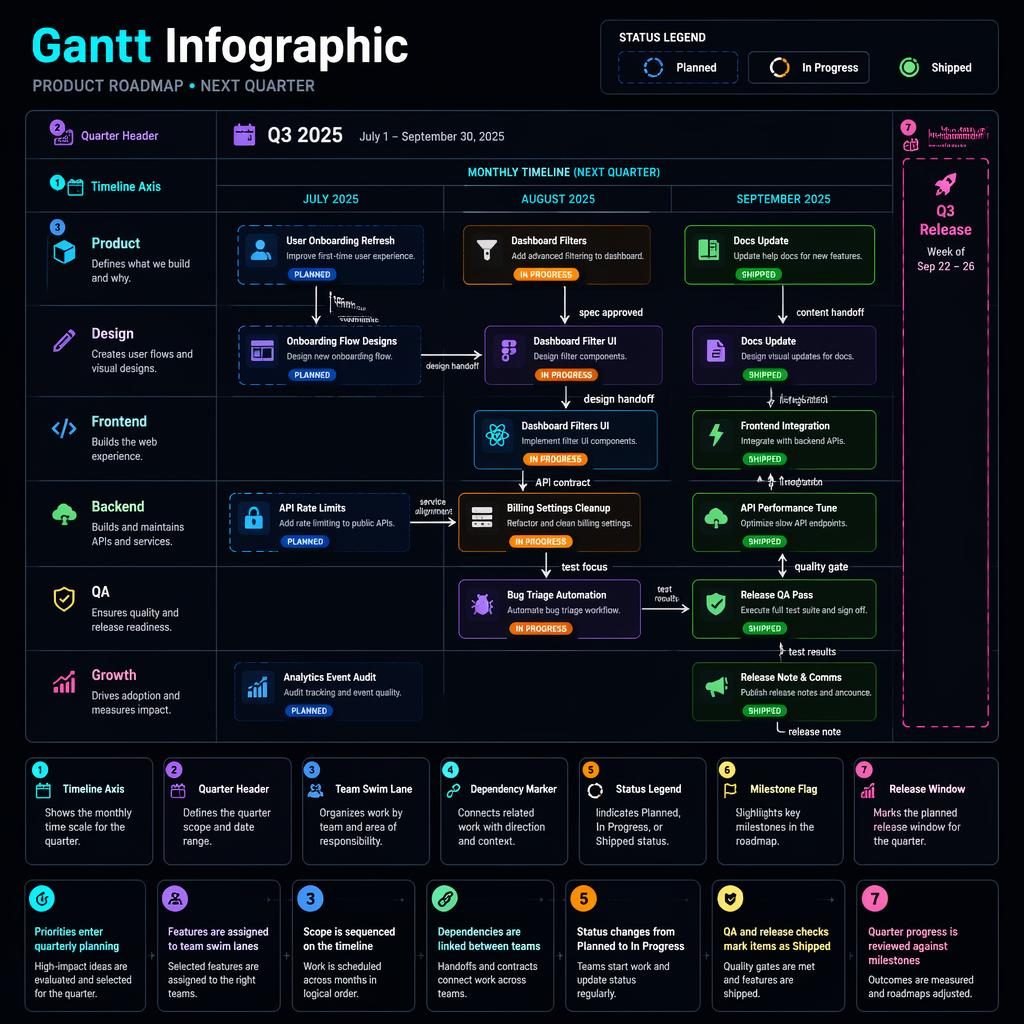 Dark-mode gantt infographic roadmap with quarterly swim lanes, monthly axis, feature cards, status pills, and arrows