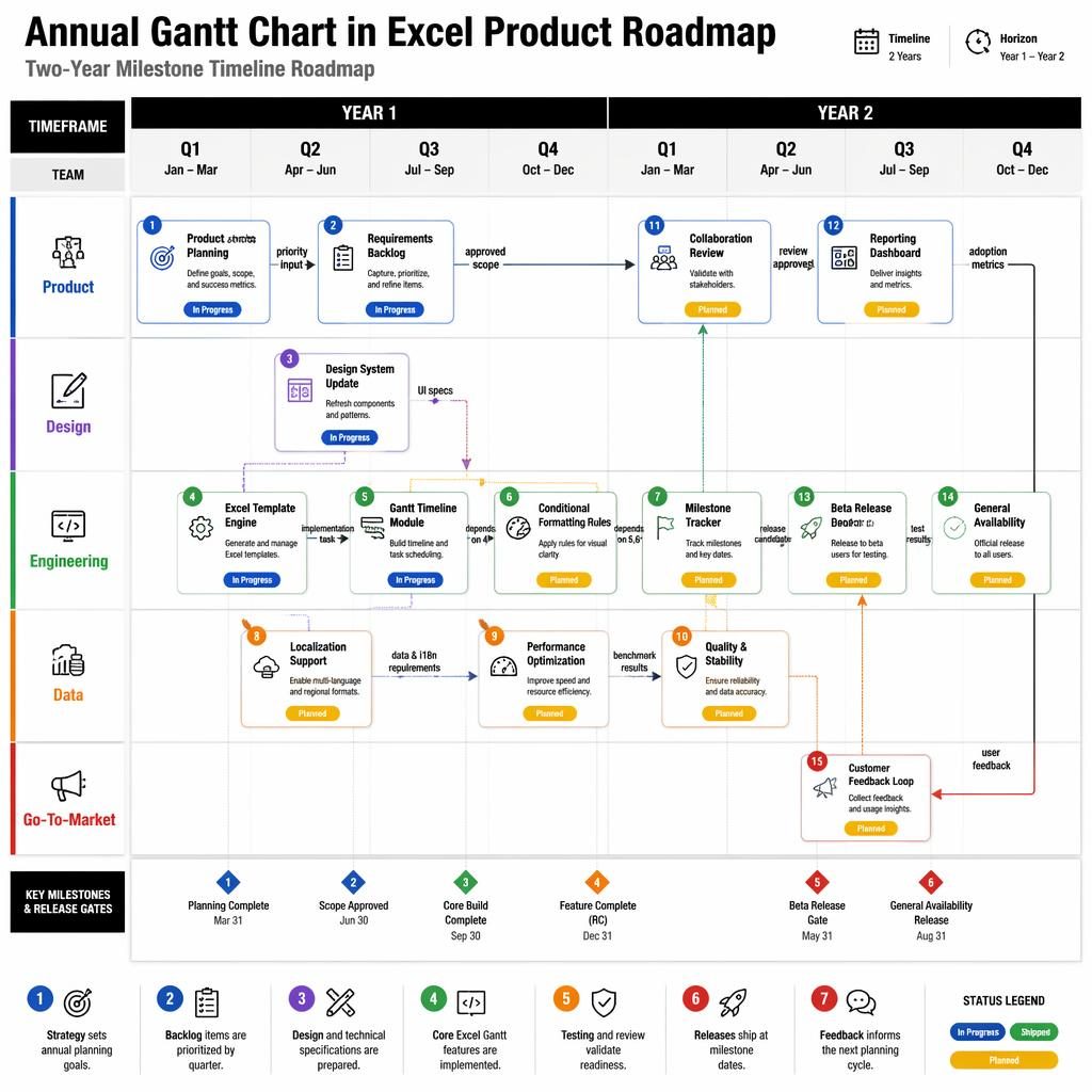 Infografía de roadmap en Excel con carta Gantt anual, trimestres de 2 años, equipos, hitos, flechas y estados.