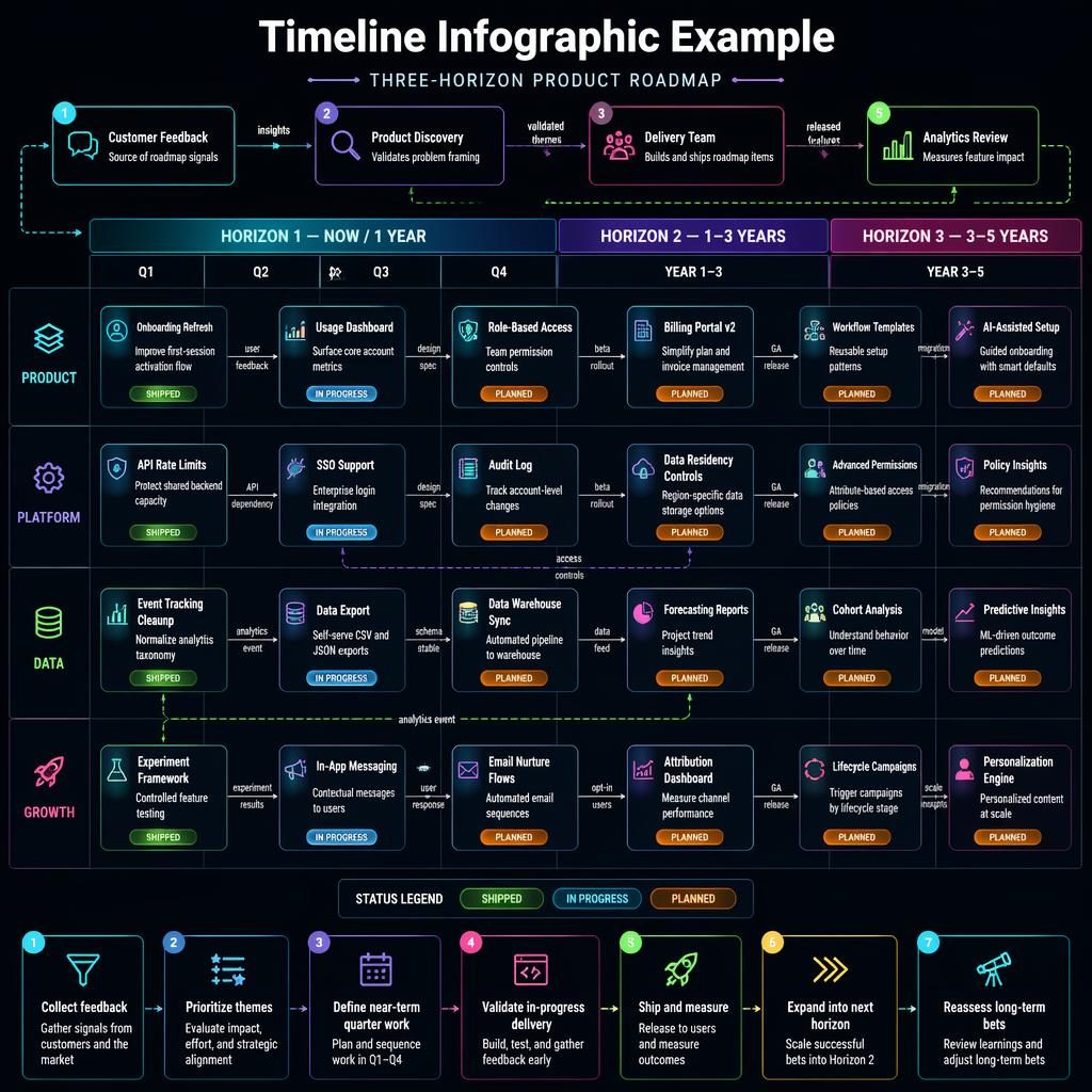 Dark neon product roadmap timeline infographic with three horizons, Q1-Q4 columns, team swim lanes, feature cards, arrows, and legend.