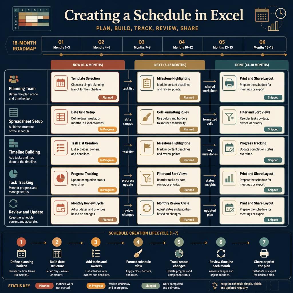 Infografía de roadmap en Excel con columnas Now, Next y Done, línea de tiempo Q1-Q6, tarjetas y flechas de flujo.