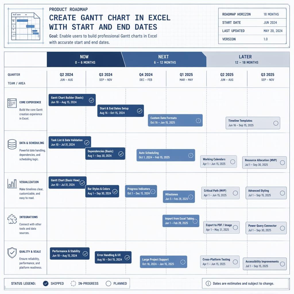 Blueprint-style product roadmap board with now, next, later lanes, 18-month timeline, quarter columns, and status pills.
