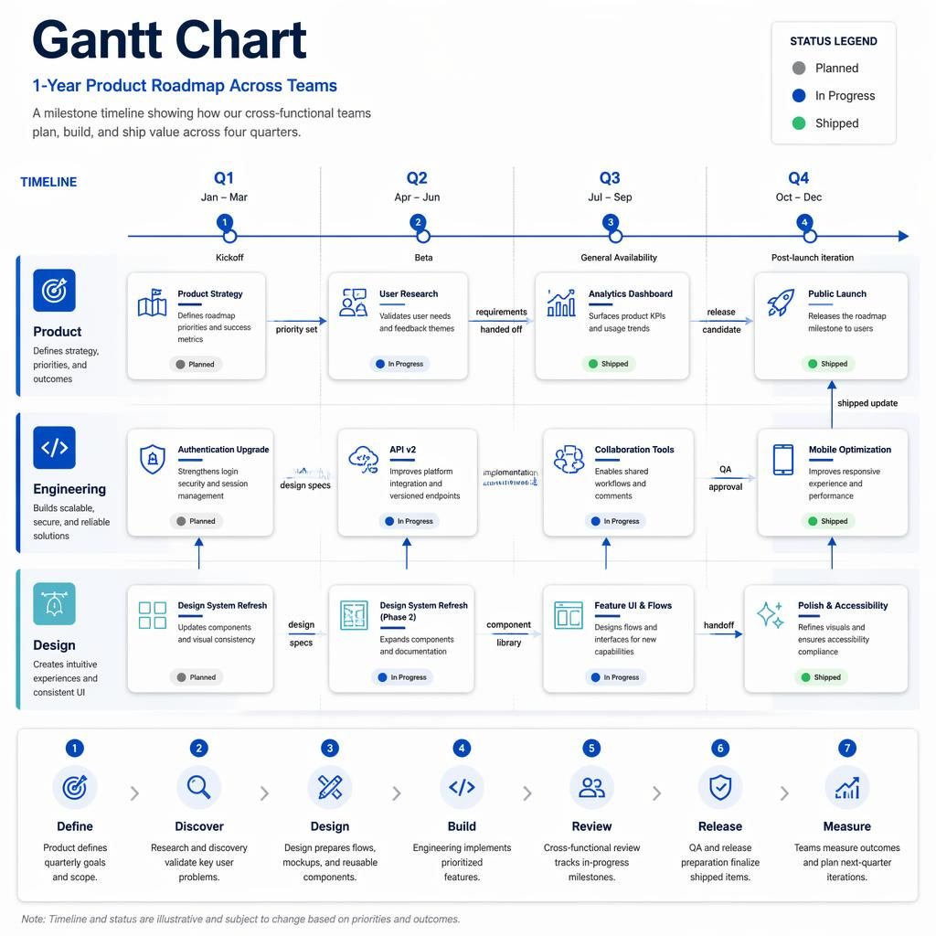 Infografica diagramma di gantt con roadmap prodotto Q1-Q4, timeline centrale, team Product Engineering Design e card feature