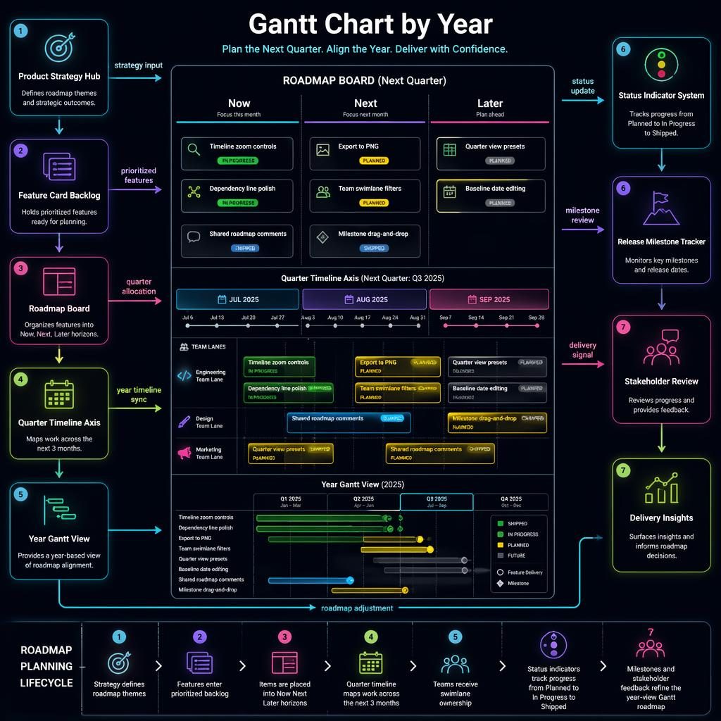 Dark neon tech roadmap infographic with Now Next Later board, quarter timeline, year Gantt strip, team swimlanes and arrows.