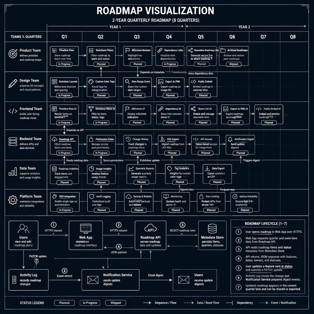 Infographie technique monochrome montrant une roadmap visualisation sur 8 trimestres avec swimlanes d’équipes, cartes, flèches et légende.