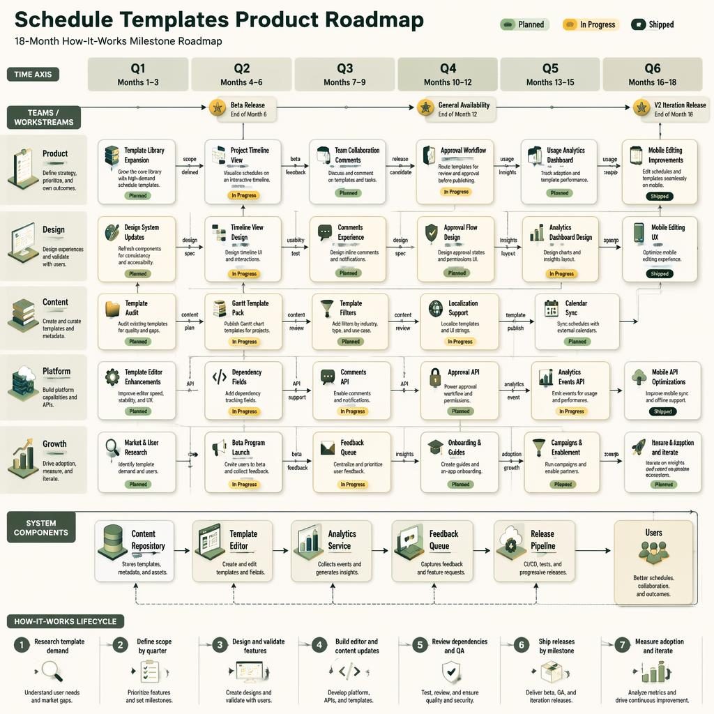 Infografía isométrica de roadmap de producto a 18 meses con trimestres Q1-Q6, tarjetas de funciones, flechas y estados.