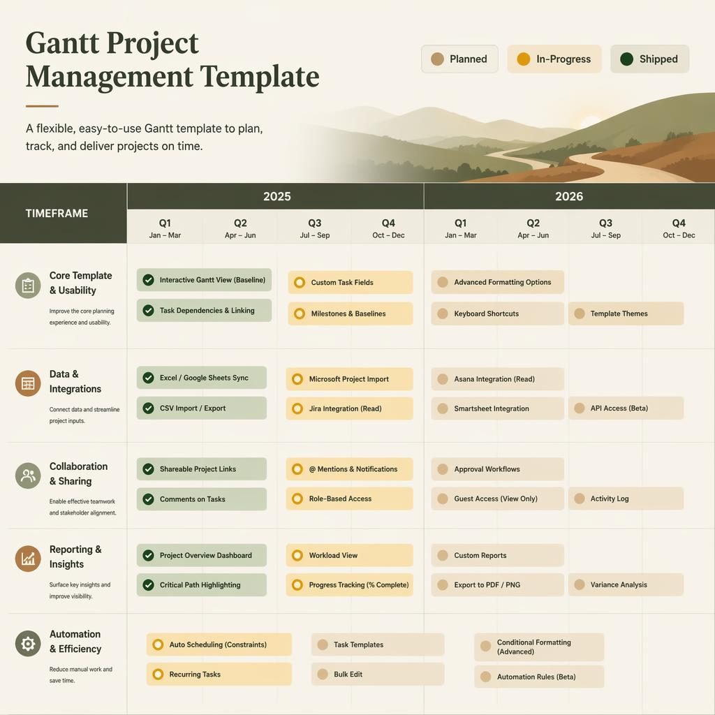 Consultant-style two-year roadmap infographic with quarter columns, team swim lanes, milestone cards, and status indicators.