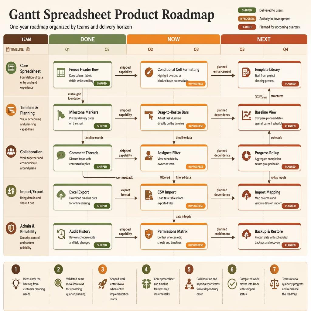 Tech roadmap infographic for a gantt spreadsheet with Now, Next, Done columns, Q1-Q4 timeline, feature cards, arrows, and legend.
