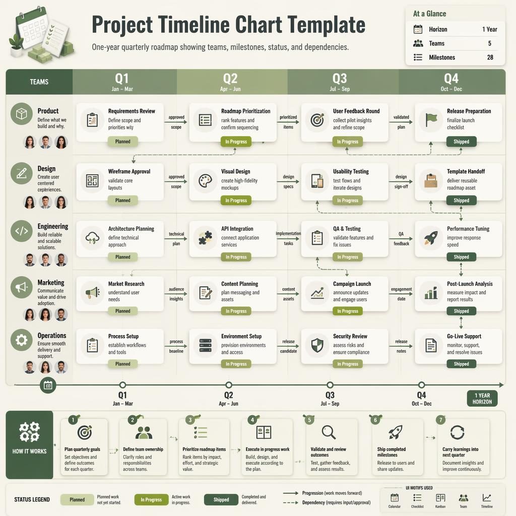 Isometric tech roadmap infographic with Q1-Q4 columns, team swim lanes, feature cards, arrows, status pills, and legend.