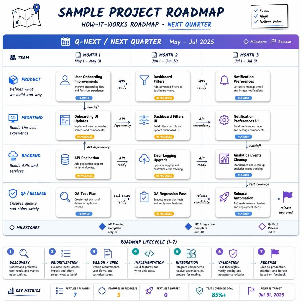 Tech roadmap infographic with Month 1 to Month 3 swim lanes for Product, Frontend, Backend, and QA/Release.