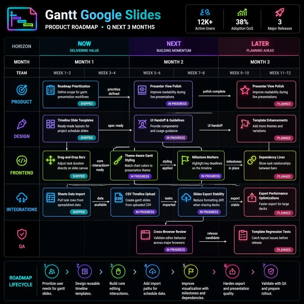 Dark mode neon roadmap board for gantt google slides with Now, Next, Later lanes, Month 1-3 timeline, teams, cards, arrows.
